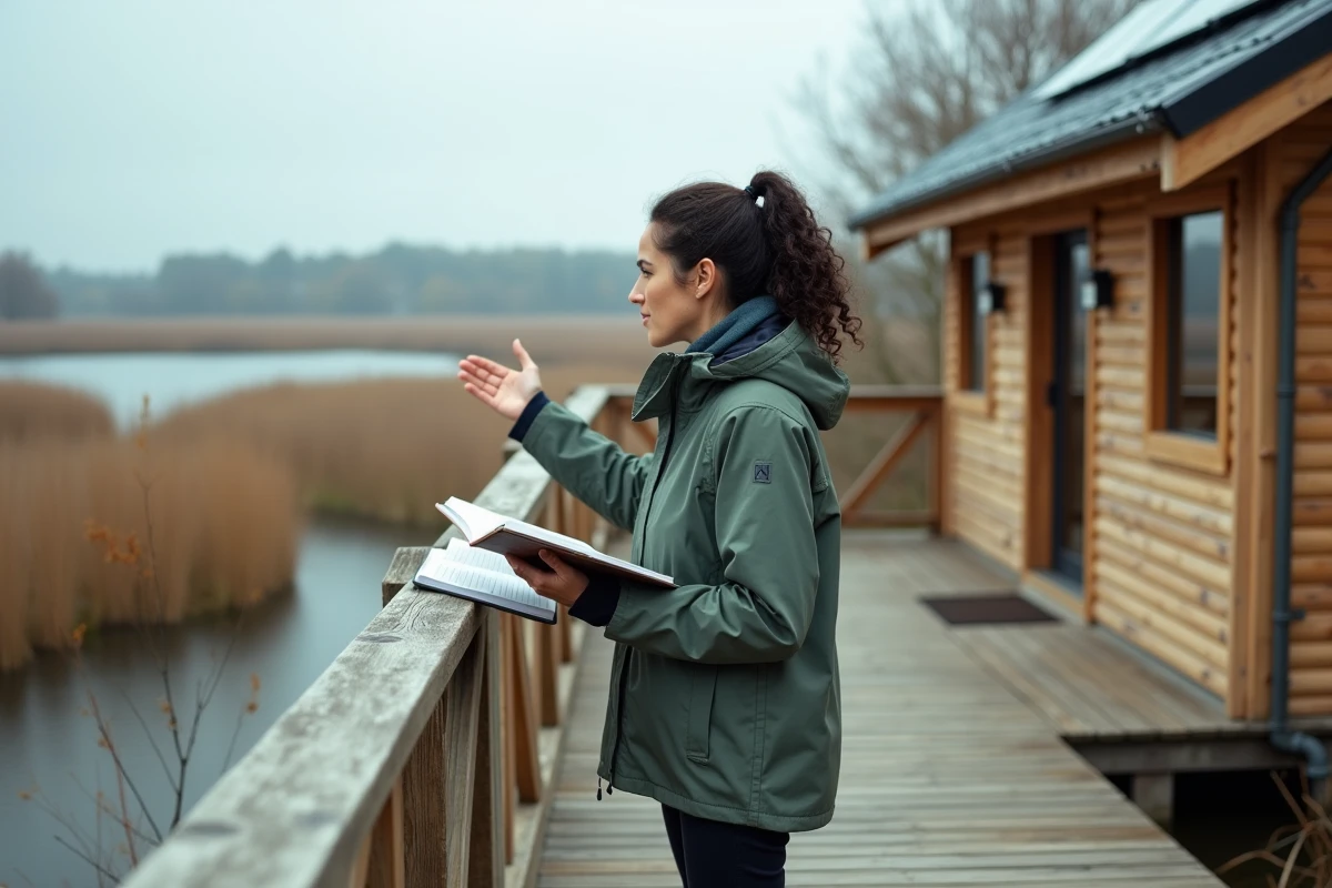 Consultante environnementale sur une terrasse en bois d'un chalet bioclimatique sur pilotis au-dessus d'une zone humide