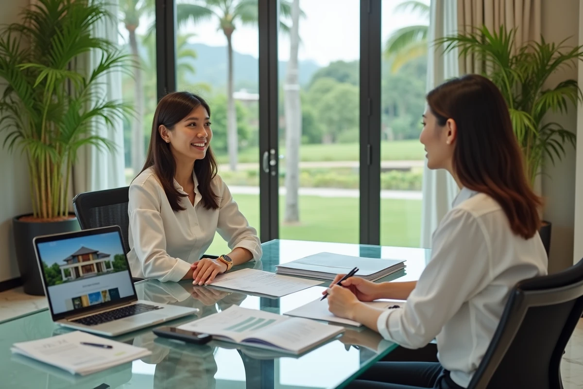 Femme étrangère en consultation avec un agent immobilier thaïlandais dans un bureau moderne pour l'achat d'une villa en Thaïlande