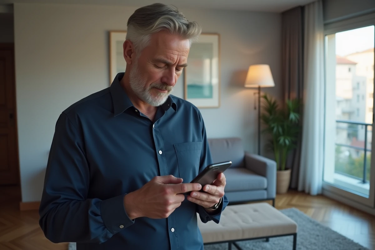 Propriétaire consultant son espace clients Foncia sur smartphone dans un appartement moderne