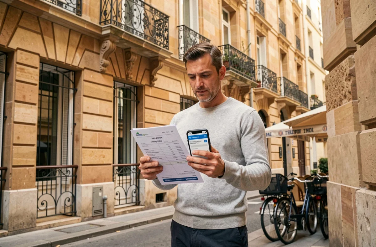 Homme consultant une estimation immobilière devant un immeuble typique du centre de Lyon