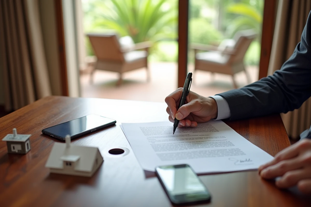 Signature hésitante d'un contrat immobilier à l'île Maurice, symbolisant les risques juridiques et financiers pour les investisseurs