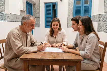 Propriétaire marocain et locataires signant un contrat de location mensuelle dans un appartement d'Essaouira