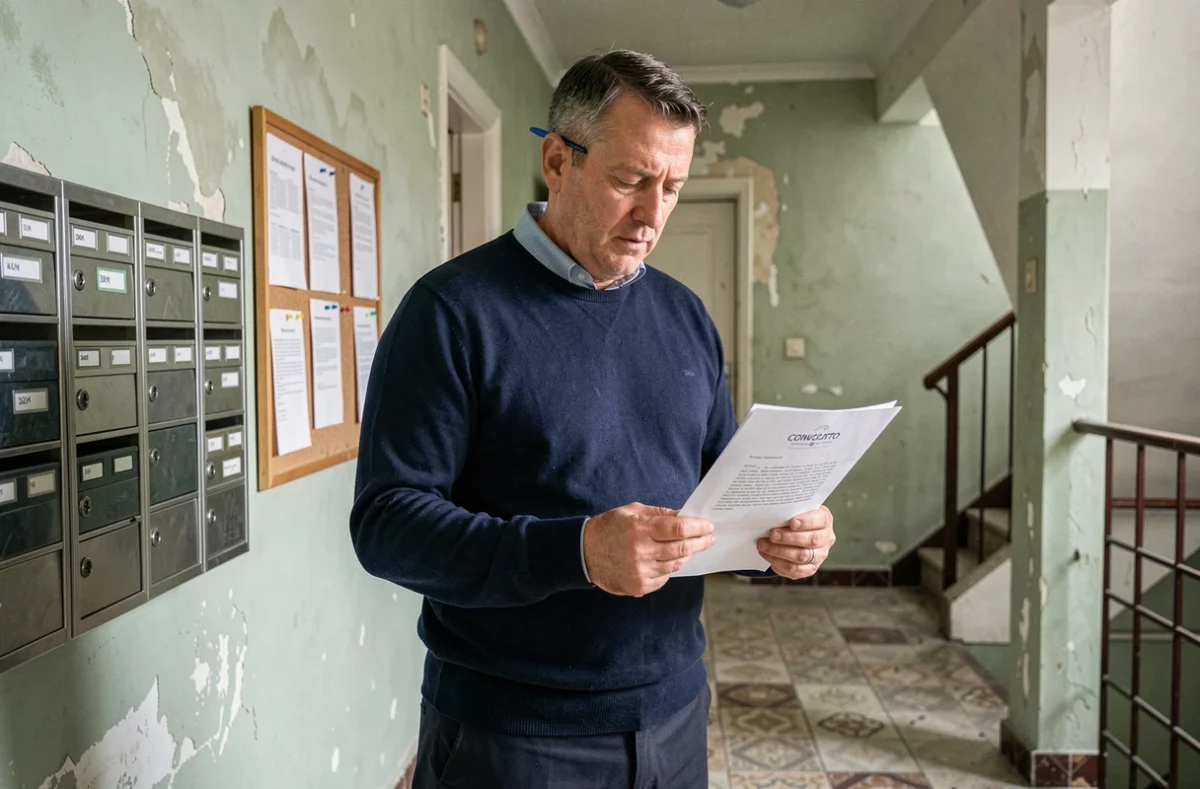 Copropriétaire examinant une convocation d'AG dans le couloir de son immeuble avant des travaux importants