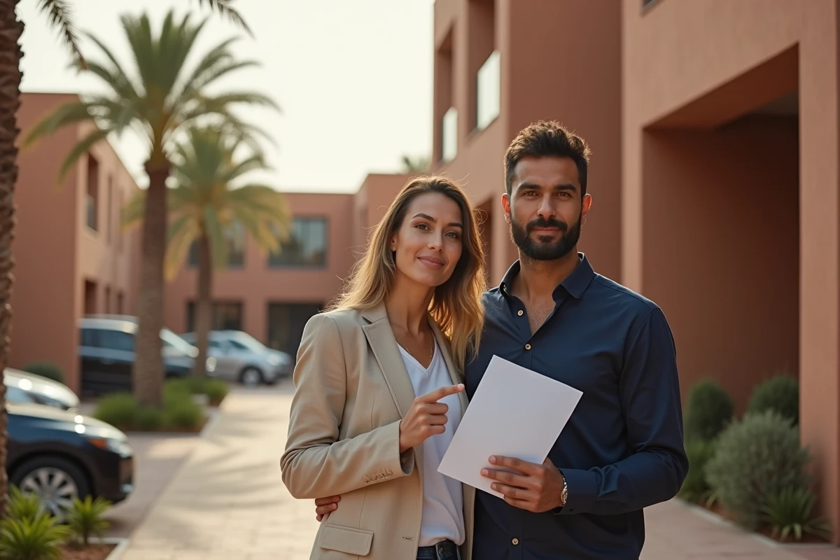 Couple marocain tenant des documents de vente devant un immeuble résidentiel à Marrakech