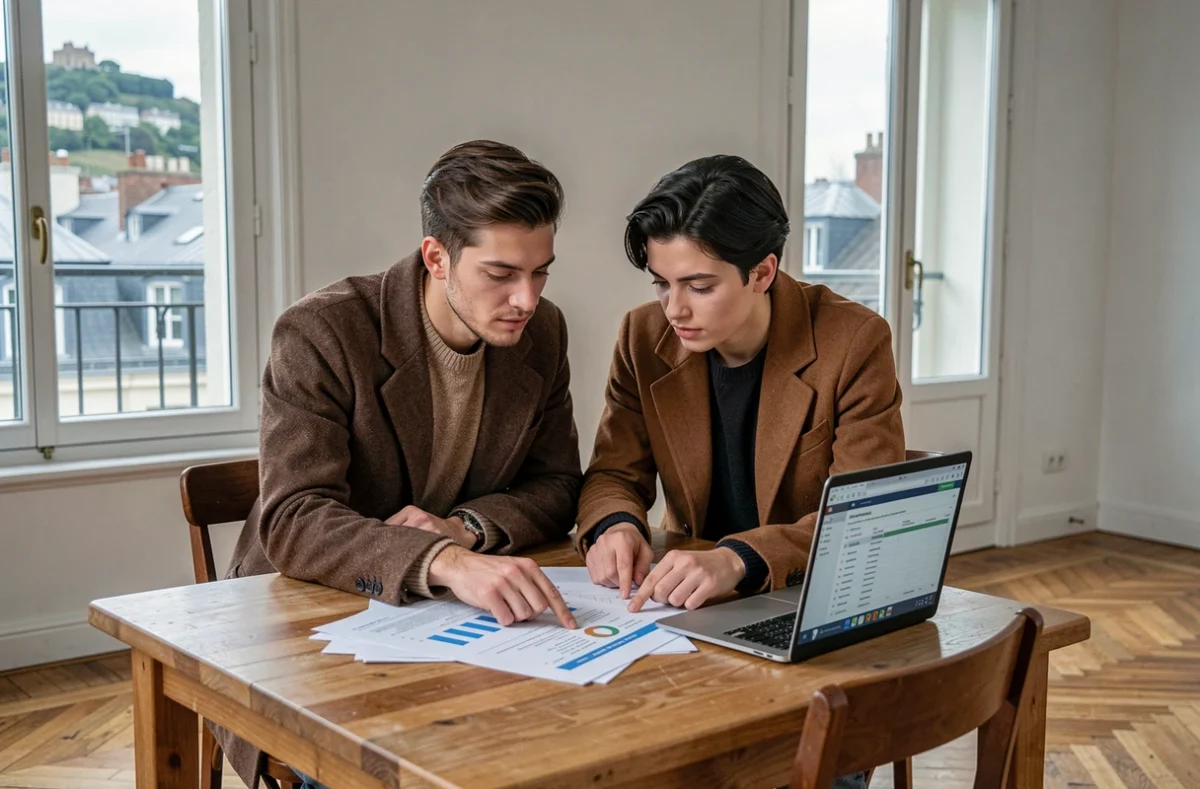 Couple étudiant une analyse comparative de prix dans un appartement vide à Lyon avec vue sur Fourvière