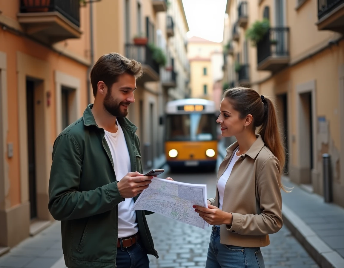 Couple consultant une carte et un smartphone à un arrêt de bus dans les ruelles du Vieux-Nice