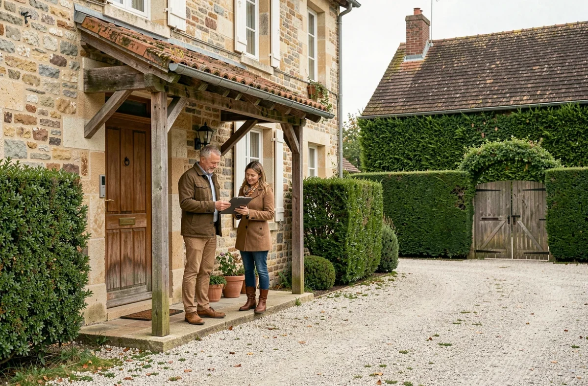 Couple examinant des garanties d'assurance devant une maison en pierre traditionnelle française