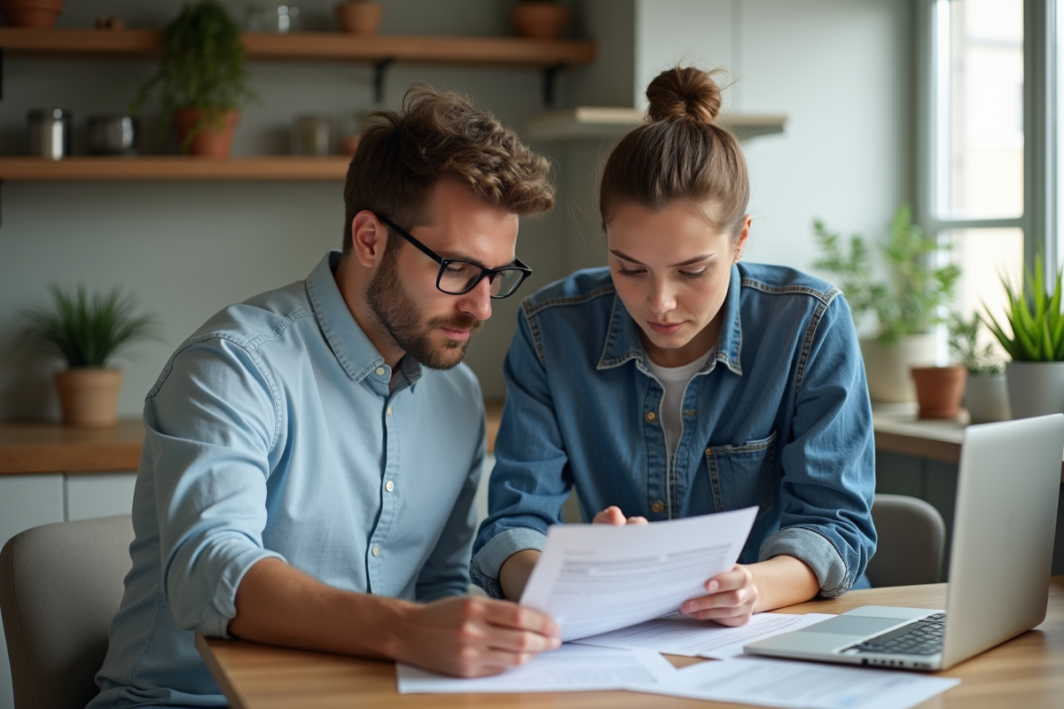 Jeune couple examine documents de prêt immobilier dans une cuisine moderne