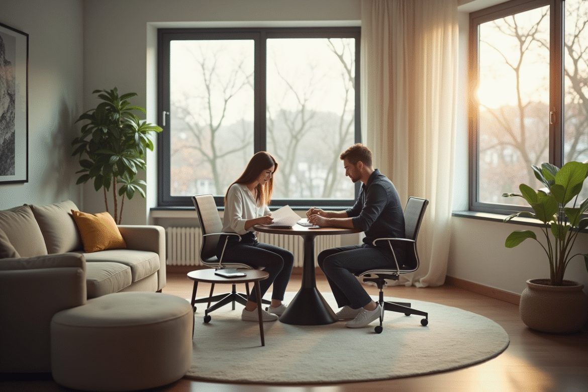 Jeune couple professionnel avec un propriétaire dans un appartement lumineux