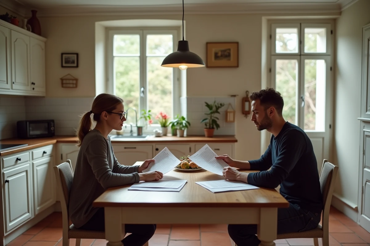 Couple en situation de divorce gérant la vente urgente de leur maison dans l'Oise autour d'une table avec des documents immobiliers