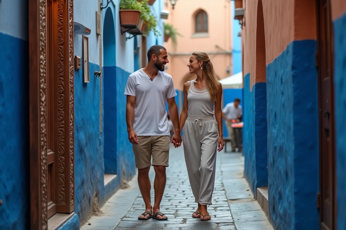 Couple se promenant dans une ruelle bleue de la médina d'Essaouira lors d'une installation longue durée au Maroc