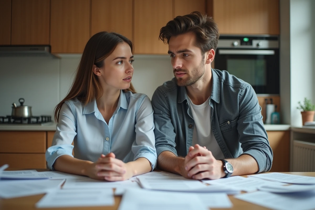 Jeune couple d'affaires préoccupé par leurs factures à la maison