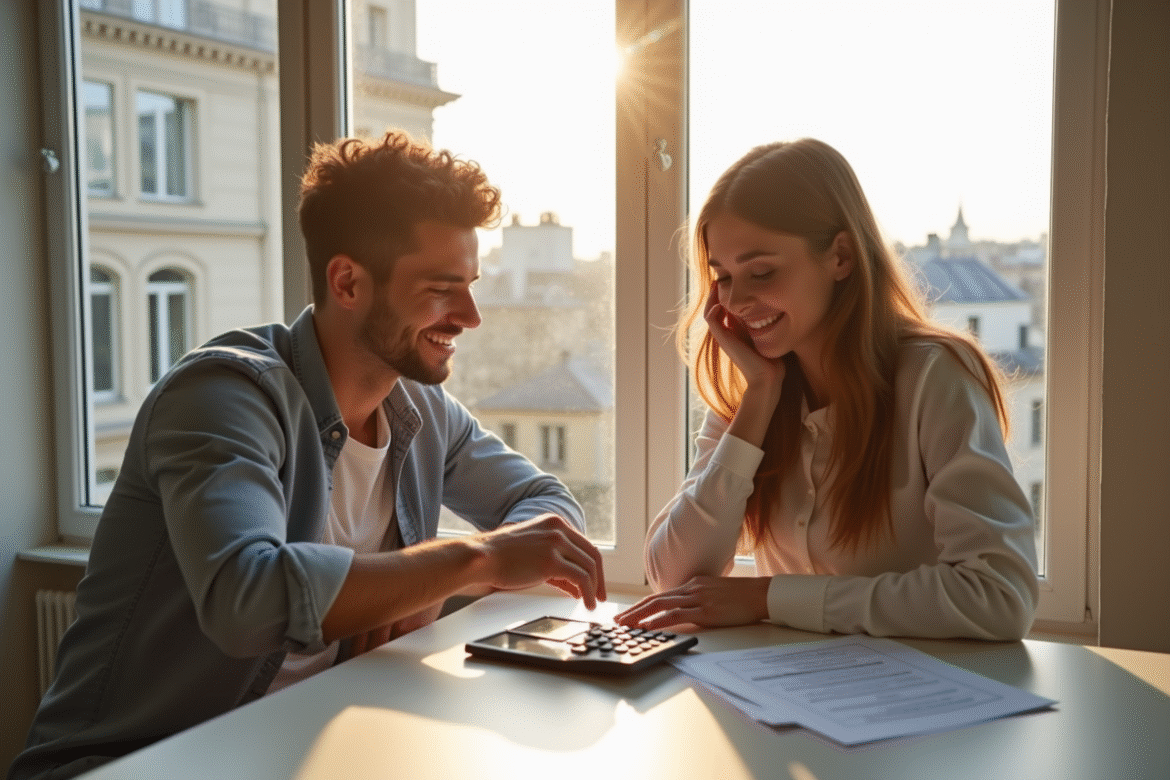 Jeune couple examinant un document fiscal à Paris