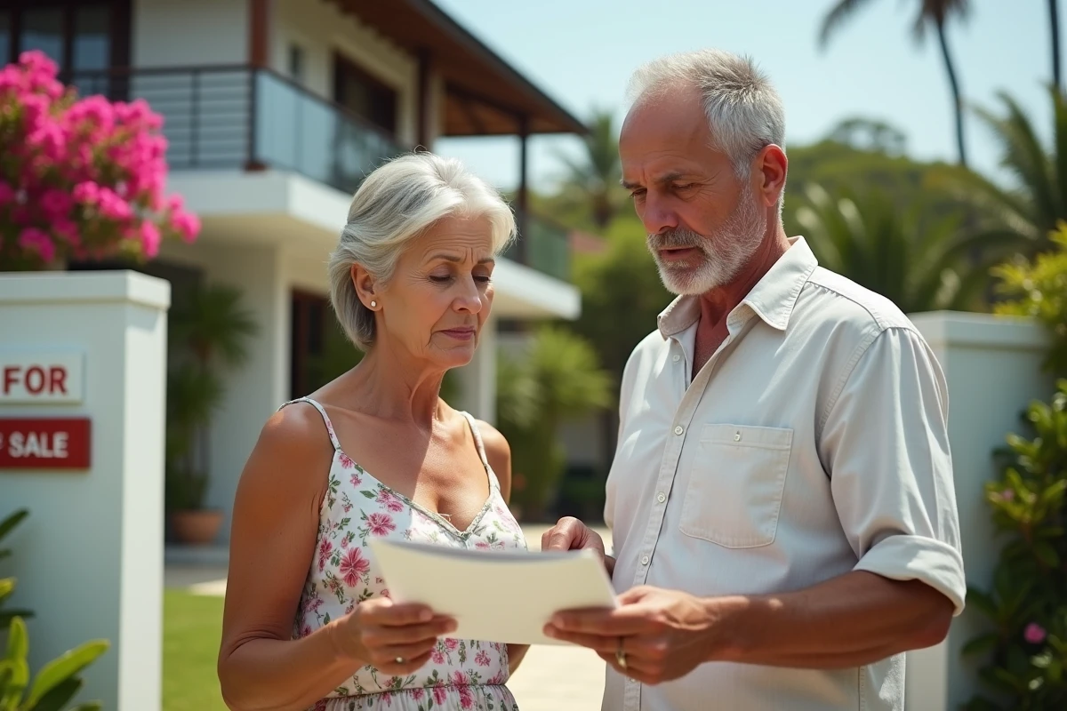 Couple d'investisseurs étrangers devant une villa à vendre à l'île Maurice, illustrant les risques de revente immobilière