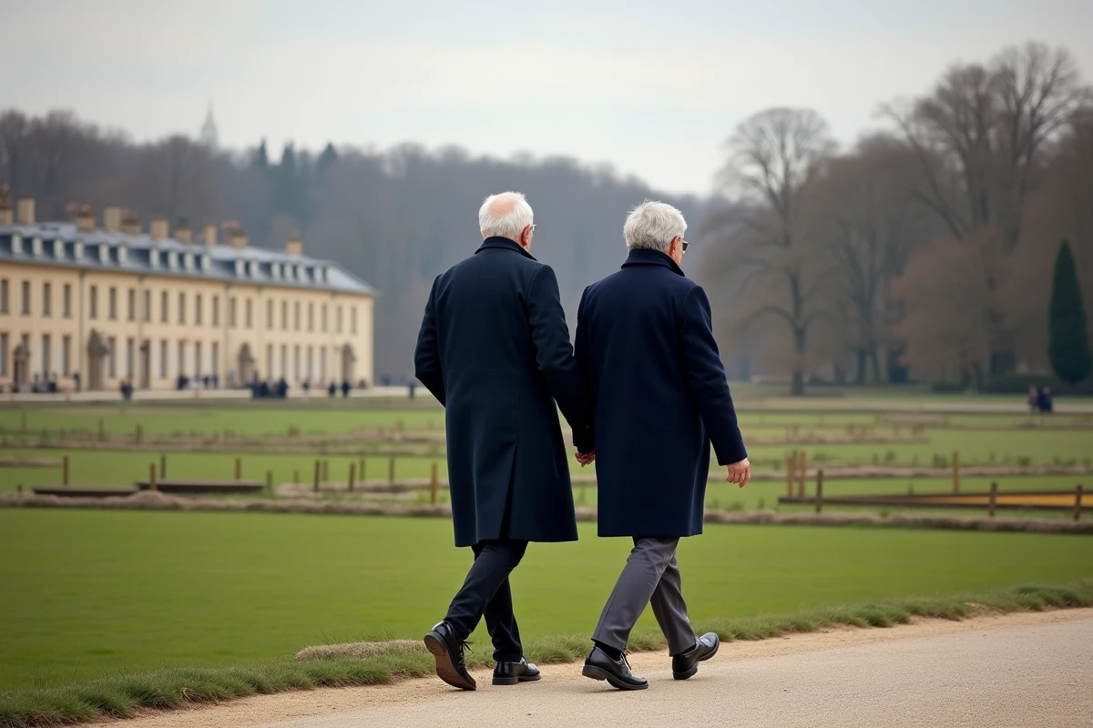 Couple âgé se promenant dans les jardins de Versailles