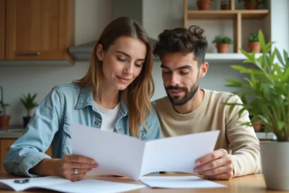 Jeune couple dans la cuisine lisant des documents