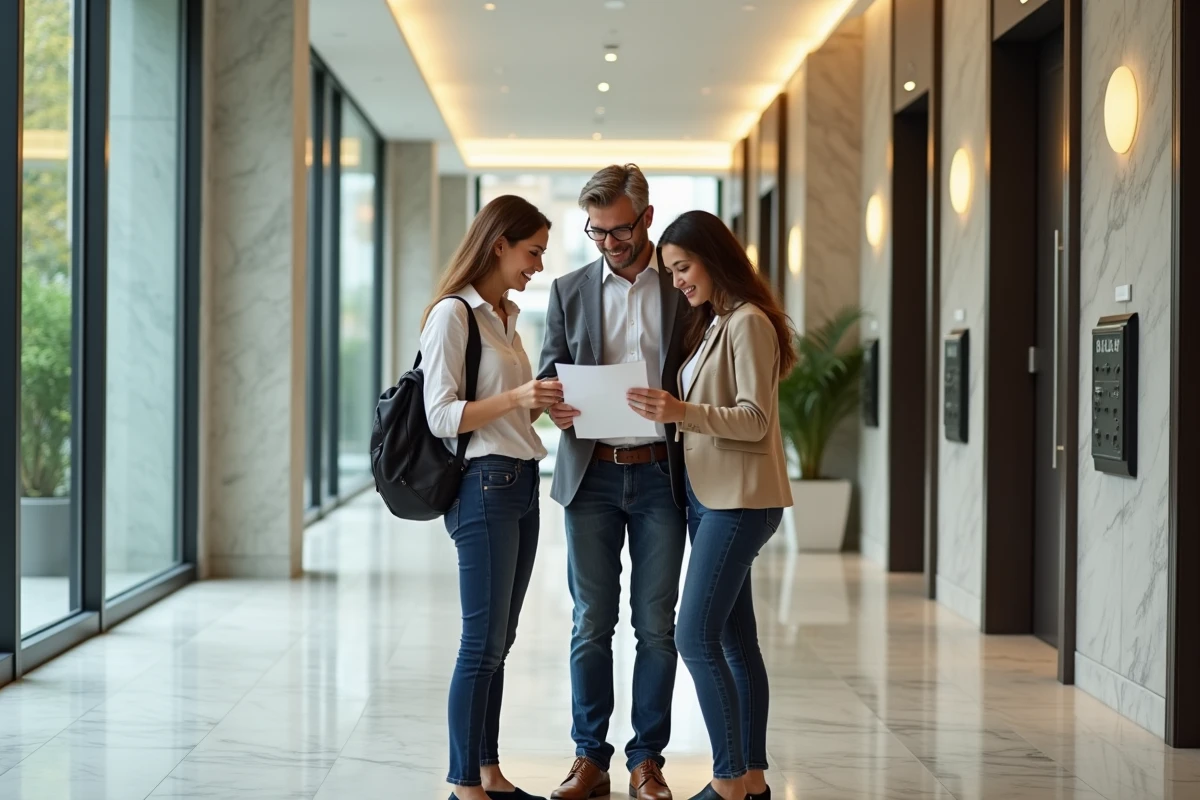 Jeune couple et gestionnaire dans le hall d