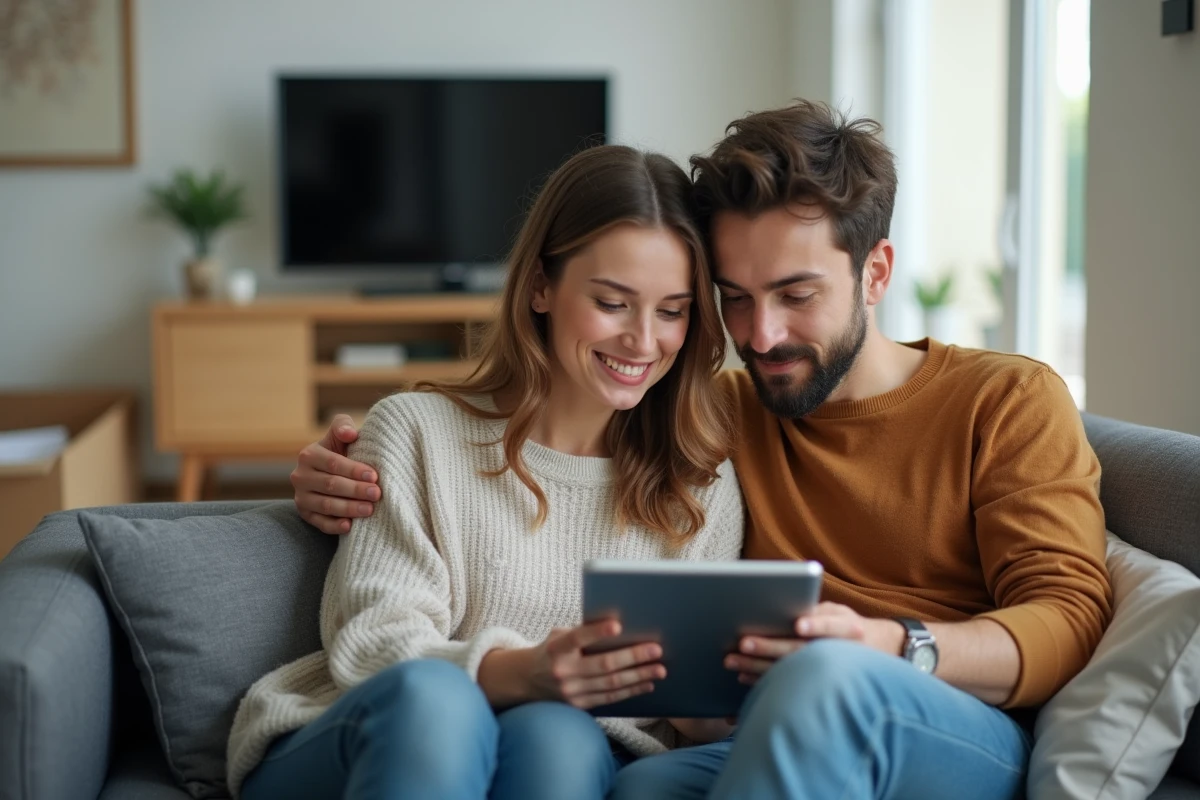 Couple de locataires consultant le récapitulatif de loyer et les services inclus sur une tablette dans leur appartement