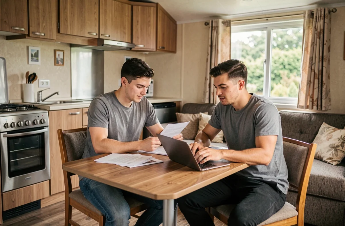 Couple consultant des documents sur le budget de location d'un mobil home à l'année à l'intérieur d'un camping 4 étoiles