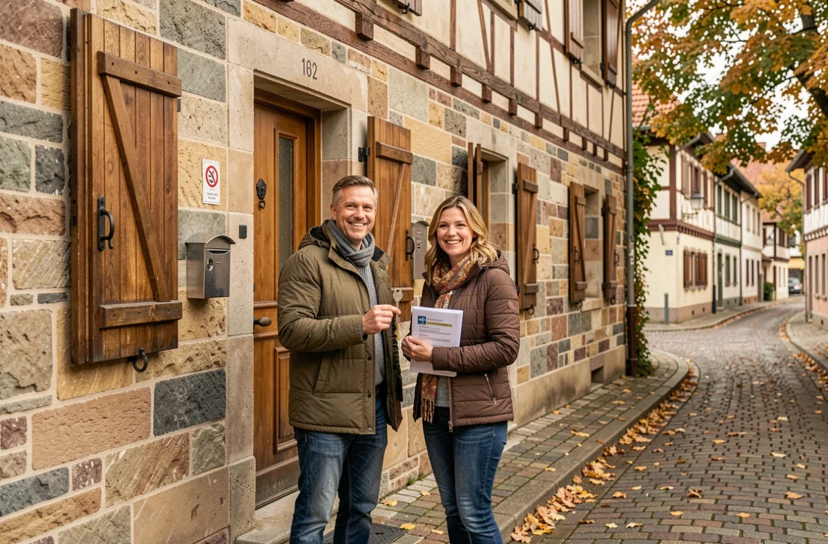 Couple devant une maison alsacienne à Mulhouse tenant une clé et un dossier d'assurance habitation