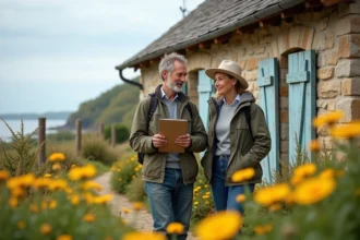 Couple devant une ferme en pierre en bord de mer