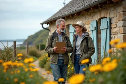 Couple devant une ferme en pierre en bord de mer