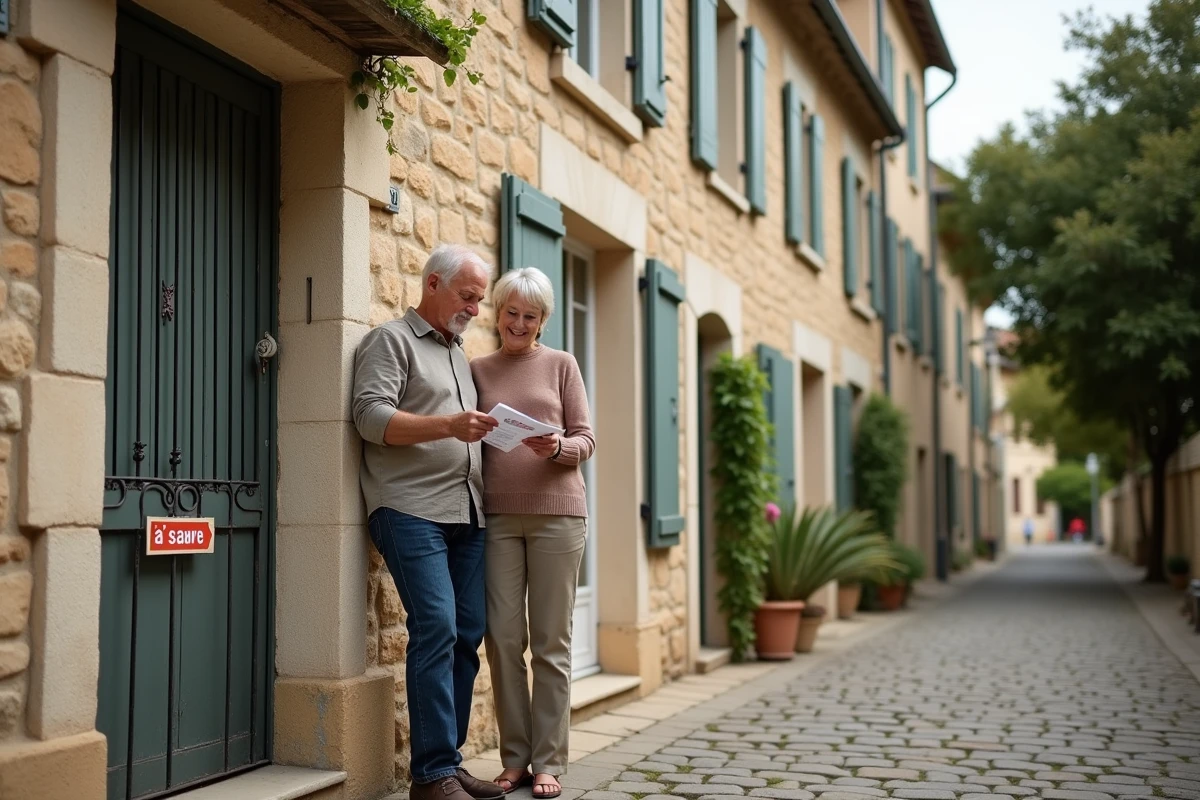 Couple examinant une maison en pierre française à vendre dans une rue pavée de ville de province