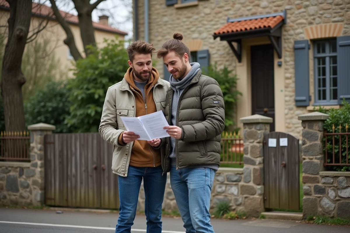 Un couple examine un rapport de prix immobilier devant une maison à vendre, discutant de la négociation du prix en s'appuyant sur des documents comparatifs