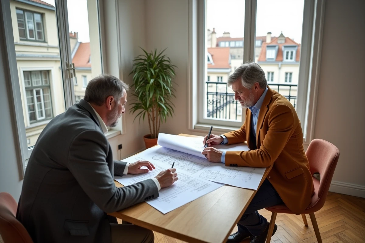 Couple étudiant des plans dans un appartement parisien