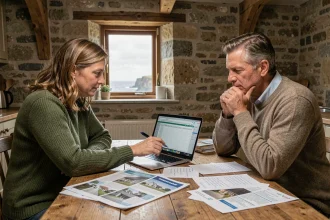 Couple étudiant un projet immobilier en bord de mer normand avec des documents budgétaires sur une table en bois dans un cottage côtier