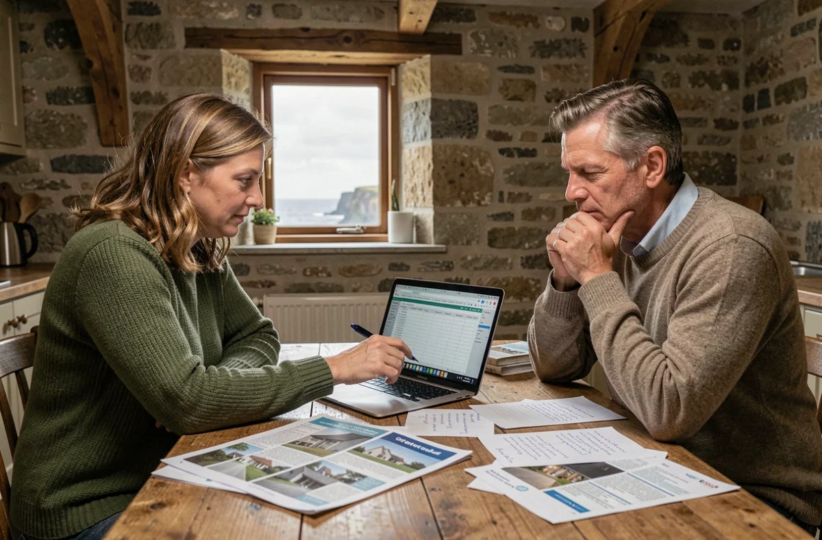 Couple étudiant un projet immobilier en bord de mer normand avec des documents budgétaires sur une table en bois dans un cottage côtier