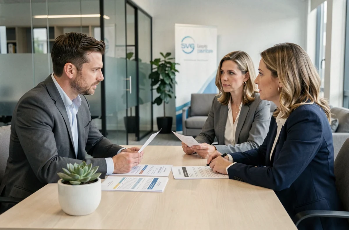 Couple de propriétaires non occupants en rendez-vous avec un conseiller en assurance