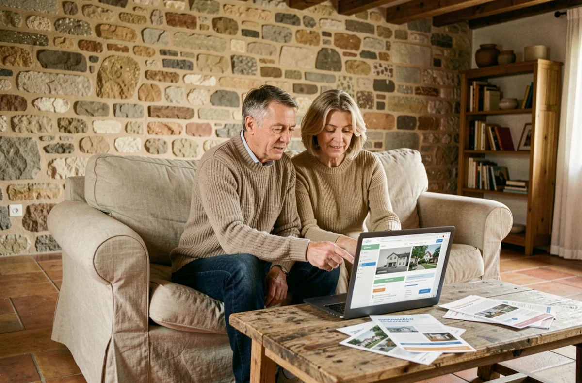 Couple de propriétaires consultant ensemble une estimation gratuite de loyer en ligne dans leur maison de campagne rénovée