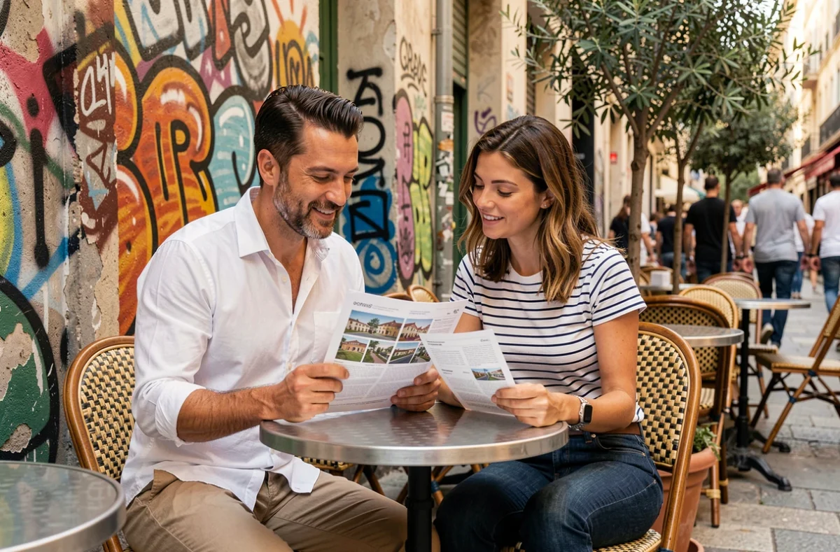 Couple étudiant des annonces immobilières pour un investissement locatif dans le quartier Cours Julien à Marseille