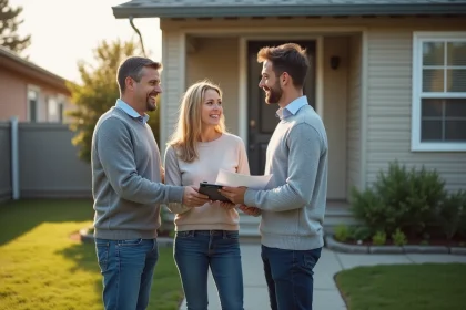 Couple devant une maison remettant un document à un jeune homme