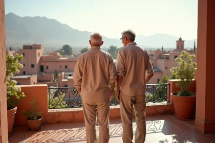 Couple de retraités sur la terrasse d'un appartement à vendre à Marrakech avec vue sur les toits de la médina et les montagnes de l'Atlas