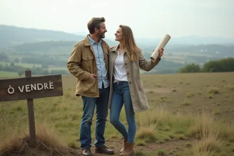 Couple debout sur un terrain rural à donner, tenant des plans architecturaux pour un projet de gîte