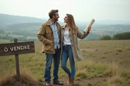 Couple debout sur un terrain rural à donner, tenant des plans architecturaux pour un projet de gîte