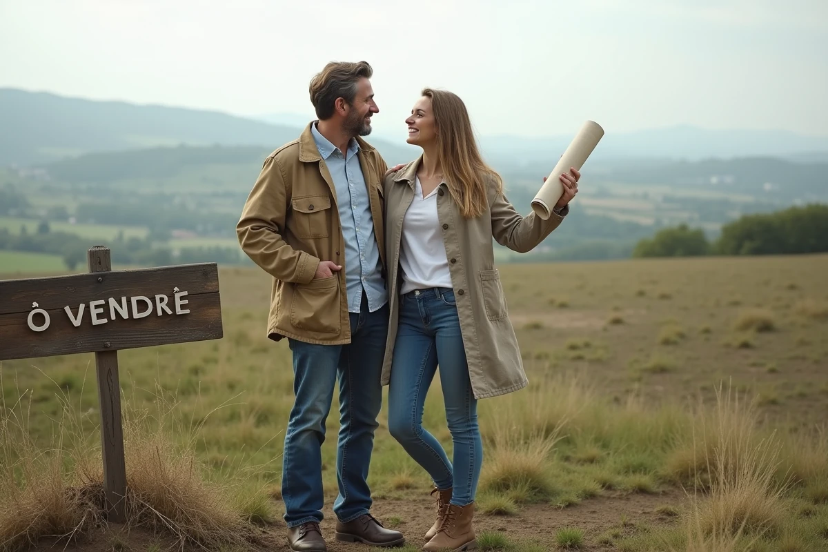 Couple debout sur un terrain rural à donner, tenant des plans architecturaux pour un projet de gîte