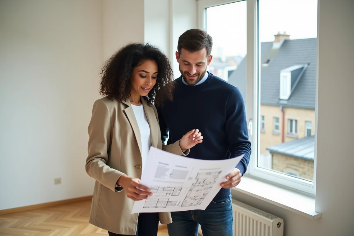 Couple de jeunes acheteurs visitant un appartement neuf dans un programme immobilier en Île-de-France