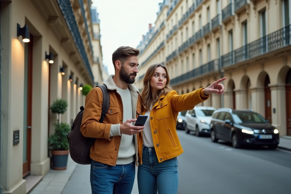 Couple de locataires devant un immeuble haussmannien parisien consultant une annonce de location sur smartphone grâce à Zelok