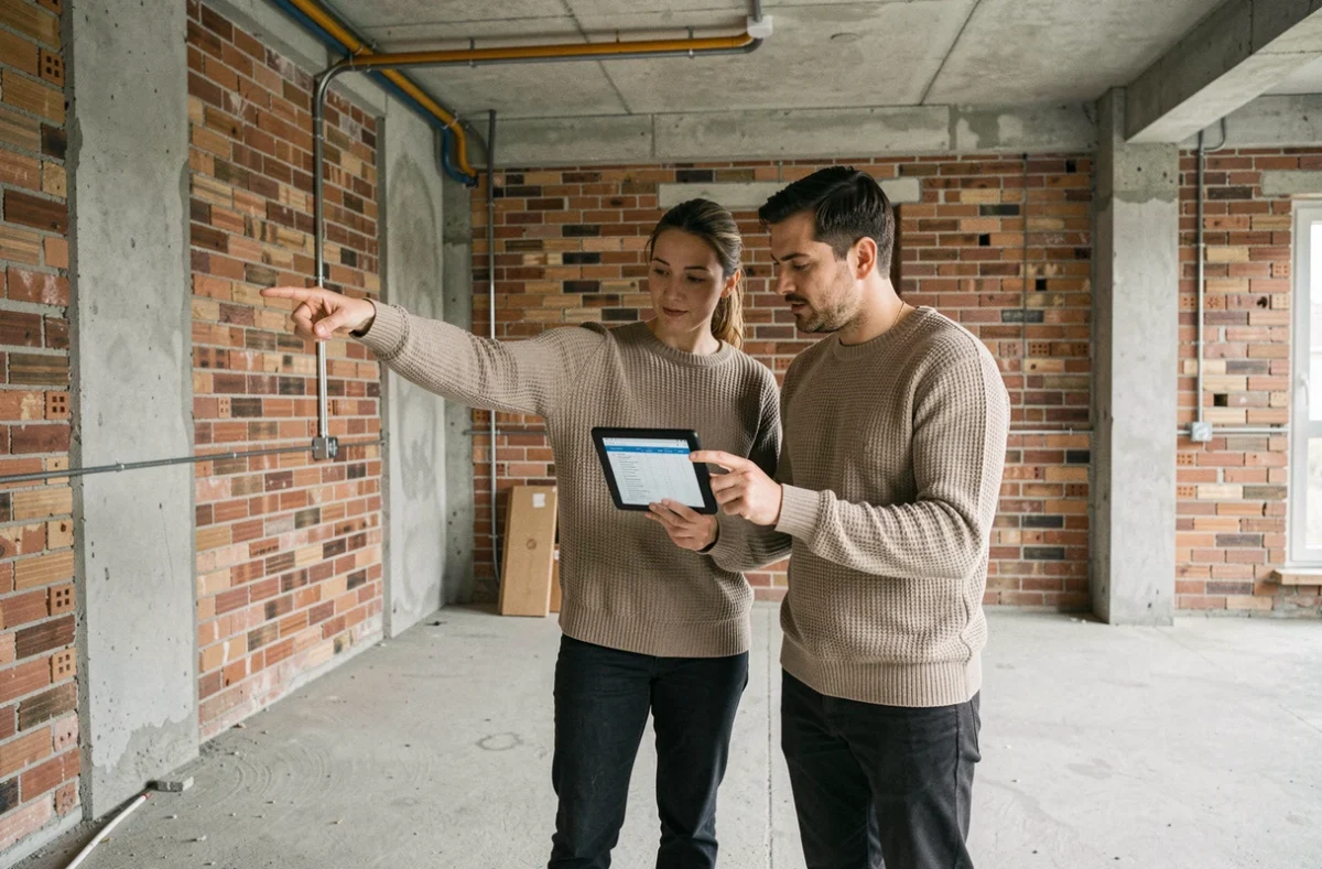 Couple évaluant un espace en construction pour optimiser leur budget immobilier résidentiel