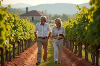 Couple en visite d'un domaine viticole bordelais à vendre, marchant entre les rangs de vignes en été