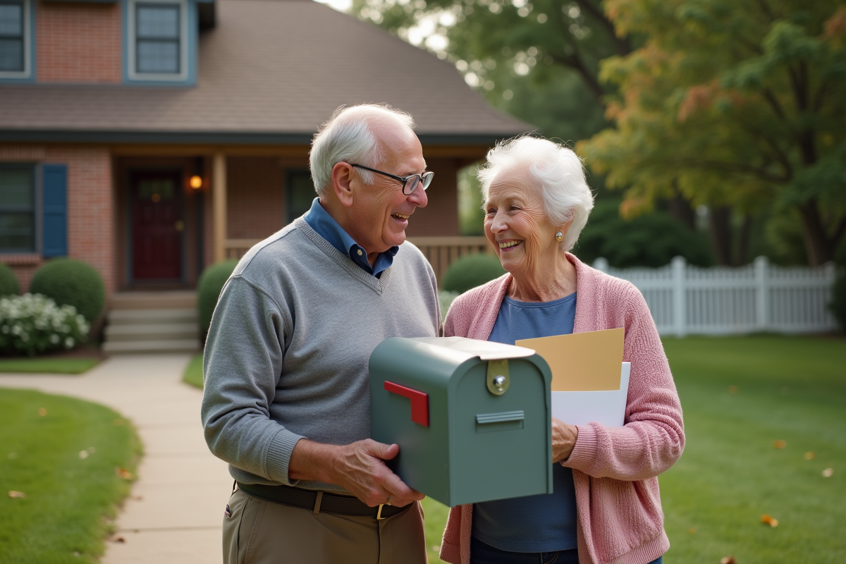 Couple agee souriant devant leur maison avec la boite aux lettres