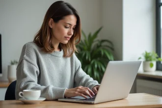 Femme créant un compte en ligne MyCitya sur un ordinateur portable dans un bureau à domicile moderne