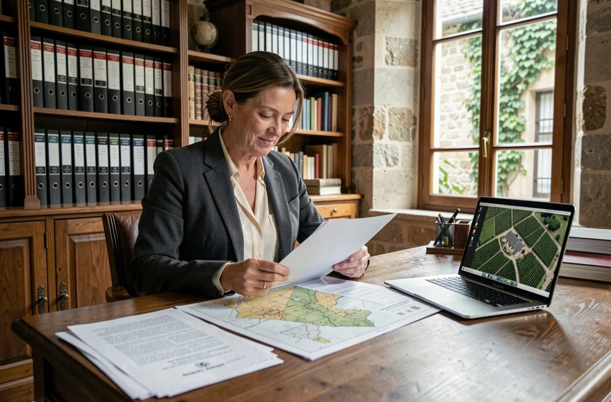 Notaire ou conseillère en investissement immobilier viticole consultant des documents fonciers pour l'achat d'un vignoble à Bordeaux