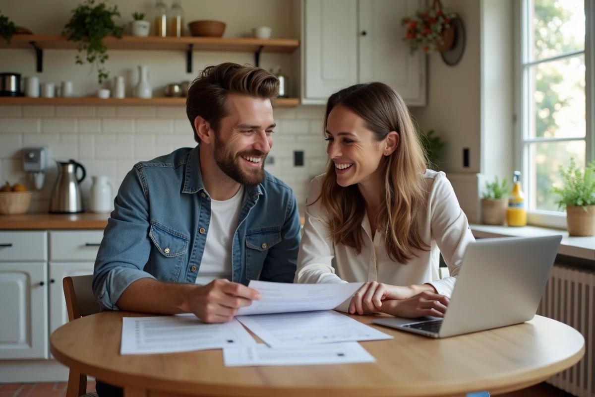 Couple de locataires centralisant leurs échanges avec Foncia via une tablette dans une cuisine moderne
