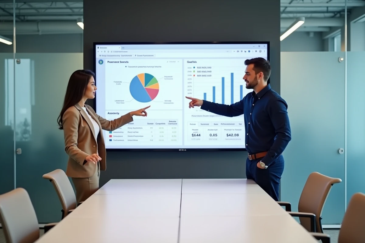 Deux conseillers IAD analysant ensemble les performances et objectifs sur le tableau de bord intranet en salle de réunion
