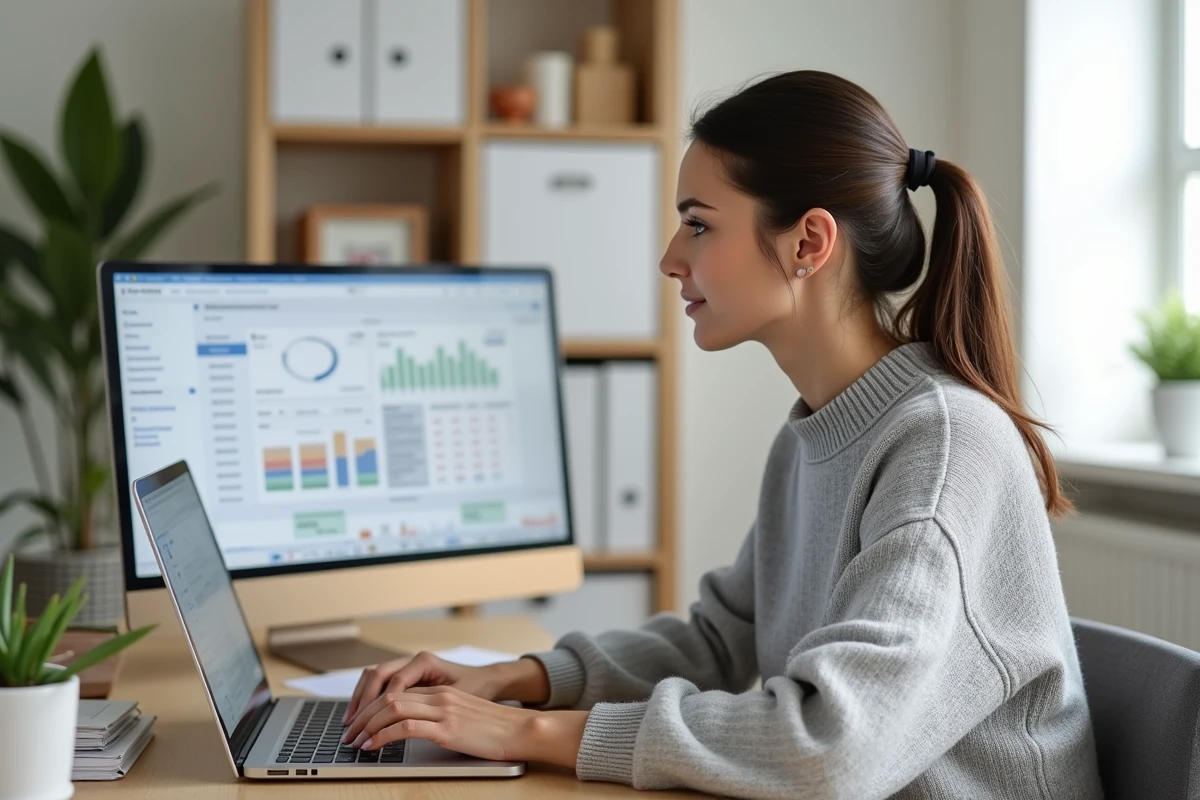 Femme utilisant l'espace clients Foncia sur un ordinateur portable dans un bureau à domicile moderne