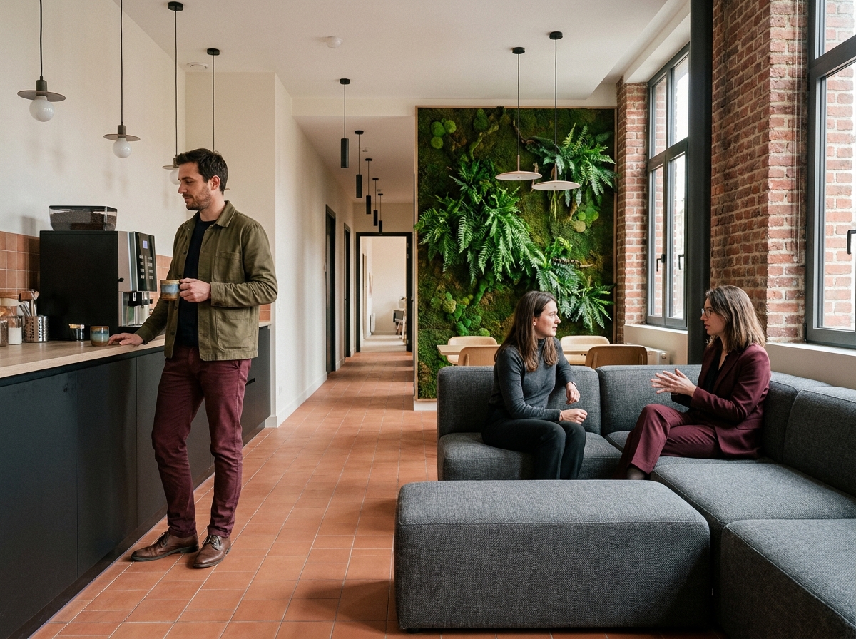 Espace lounge commun dans un immeuble de bureaux à louer à Lille avec mur végétal et collègues en pause